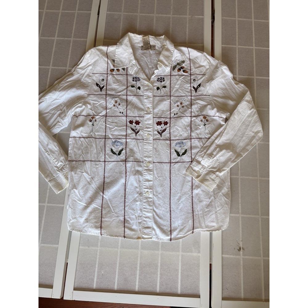 Vintage Autumn Acorn Floral Embroidered Button Front 100% Cotton Shirt Large